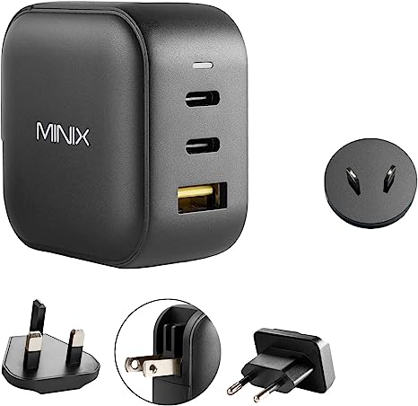 MINIX NEO P1 66W Turbo 3-Port GaN Wall Charger 2 x USB-C Charging Adapter, 1 x USB-A Charge 3.0, Bundling with AU Plug. Compatible with MacBook Pro Air, iPad Pro, iPhone 13, Galaxy S9 S8 and More.