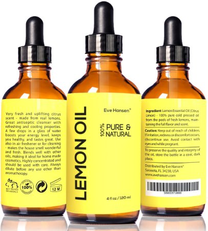 Eve Hansen Premium LEMON ESSENTIAL OIL ★ BIG 4 Oz ★ SAFE FOR INGESTION ★ 100% Pure Cold Pressed from Real Lemons ★ No Additives ★ Detox Your Body and Boost Fat Burning Naturally BUY WITH CONFIDENCE!