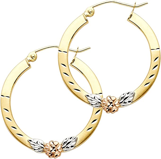 14k Tri Color Gold Fancy Flower Hoop Earrings - 3 Different Size Available