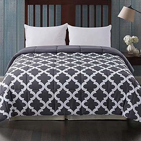 Cosybay Full Comforter, Grey Printed and Grey Reversible Down Alternative Comforter, All Season Lightweight Duvet Insert, Double Sided(82×86 Inch)