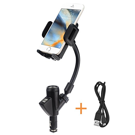 Fetanten 3-in-1 Universal Car Mount Holder with Charger Cigarette Lighter 360° Rotating Gooseneck Holder for iPhones, Samsung Galaxy & Other Smartphones with a Screen between 3 and 6 INCH