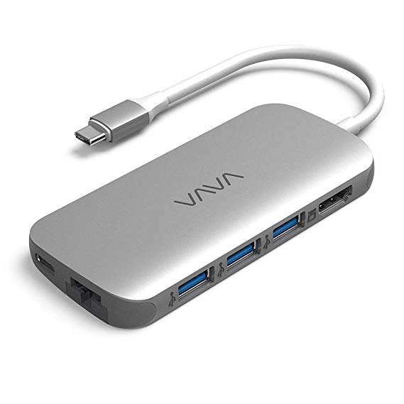 VAVA 8-in-1 USB C Hub, 4K USB C to HDMI Adapter w/Power Delivery SD/TF Cards Reader 2USB3.0&1USB2.0 and Gigabit Ethernet Ports for MacBook Pro, ChromeBook, Type C Windows Laptops (Silver)