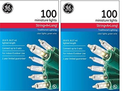 GE String A Long High Quality 100 Count Indoor / Outdoor Mini Clear White Holiday Lights Set on Green Wire (2 Pack)