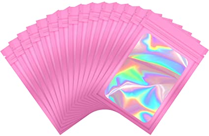 100 Pieces Smell Proof Mylar Bags Resealable Odor Proof Bags Holographic Packaging Pouch Bag with Clear Window for Food Storage Gloss Eyelash Jewelry Electronics Storage (Pink,4 x 6 Inch)