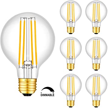 OMAYKEY 8W Dimmable LED Globe Bulb 80W Equivalent 800LM, 2700K Warm White E26 Medium Base, Vintage Edison G80 Globe Clear Glass LED Filament Light Bulbs, Deep Dimming Version, 6 Pack