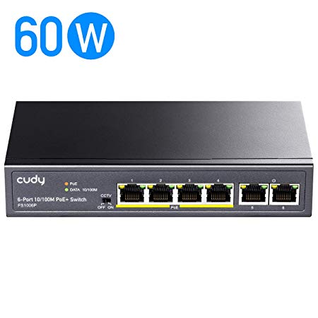 Cudy FS1006P 6-Port 100Mbps PoE  Unmanaged Switch, 60 W, 4 10/100Mbps PoE  Ports, 802.3af/ 802.3at, 250M Long Distance in CCTV Mode, Metal housing