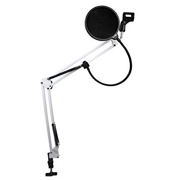 Dragonpad USA Microphone Scissor Boom Arm with Desk Mount and Studio Pop Filter - White Frame, Black Filter