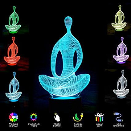 [New] 3D Night Light- Modern Meditation Mood Lamp - 3D Illusion Lamp 7 LED Light Colors Optical Illusion with USB Cable Smart Touch Button Control, Creative Gift Toys Decorations (Yoga meditation)