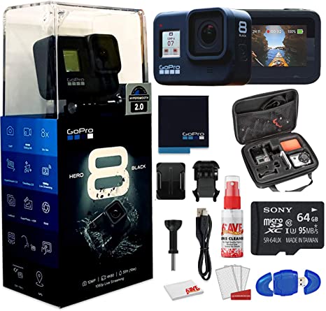 GoPro HERO8 Black Digital Action Camera - Waterproof, Touch Screen, 4K UHD Video, 12MP Photos Live Streaming, Stabilization - with Cleaning Set   Case   64GB Memory Card and More.