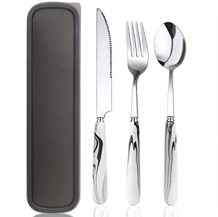 Portable Utensils Set with Case - 3 Pieces Ceramics Handle Reusable Flatware Set Knife Fork Spoon for Travel/Camping Office Lunch with Carry Case (Dark Gray)