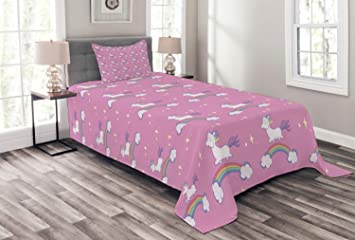 Lunarable Unicorn Bedspread, Children Friendly Fun Cartoon Character Unicorn with Magic Words Friendship Art Print, Decorative Quilted 2 Piece Coverlet Set with Pillow Sham, Twin Size, Purple