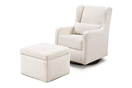 Carter's by Davinci Adrian Swivel Glider with Storage Ottoman in Cream Linen | Water Repellent and Stain Resistant Fabric