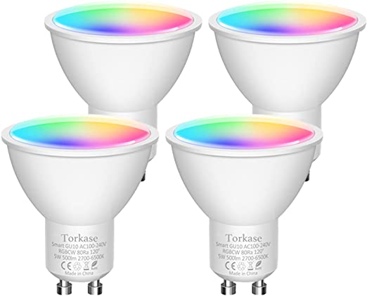 Smart GU10 LED Bulbs, Warm White to Cold White Dimmable, RGB Multi Colour Changing WiFi MR16 Spotlight Bulb, Compatible with Alexa & Google Home, 5W=50W, 2.4Ghz Only, Pack of 4 by Torkase