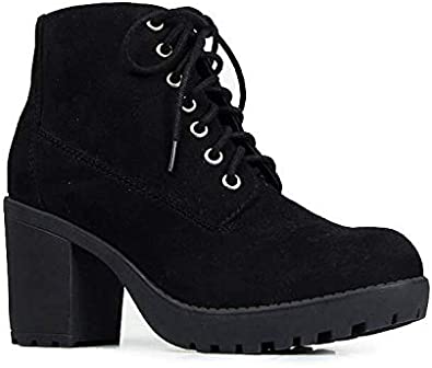 J. Adams Axel Combat Bootie - Casual Lace Up Closed Round Toe Chunky Heel Boots