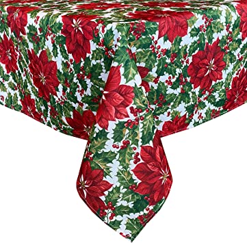 Waverly Big Mistletoe Fabric Christmas Tablecloth - Bold Cottage Poinsettia Holly and Berries Holiday Tablecloth, 60” x 102” Oblong/Rectangle