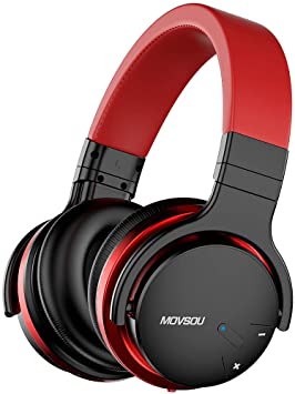 MOVSOU E7 Active Noise Cancelling Headphones Bluetooth Headphones Wireless Headphones Over Ear with Microphone Deep Bass, Comfortable Protein Earpads, 30 Hours Playtime for Travel/Work, Red