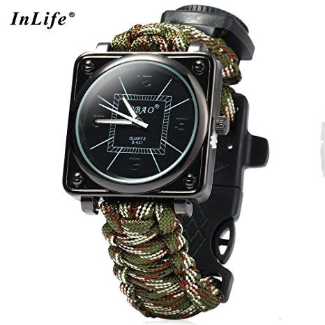 Inlife Paracord Outdoor Watch with Survival Compass Whistle Fire Starter Watchband Bracelet (camouflage)