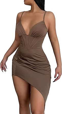 Milumia Women's Sexy Asymmetrical Hem Ruched Bustier Cami Dress V Neck Spaghetti Strap Mini Dress