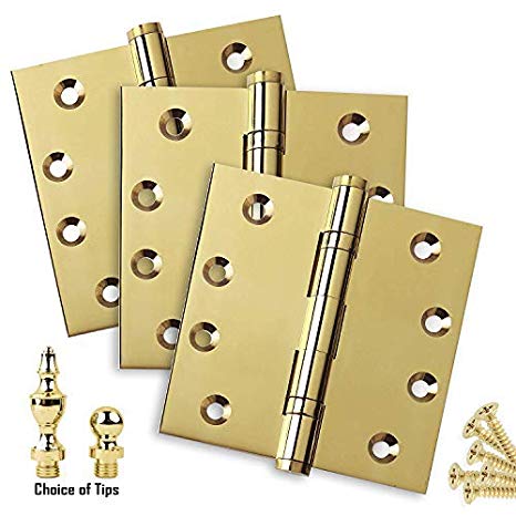 3 PK - Door Hinges 4" x 4" Extruded Solid Brass Ball Bearing Brass Hinge Heavy Duty Polished Brass (US3) Stainless Steel Removable Pin, Architectural Grade, Ball/Urn/Button Tips Included