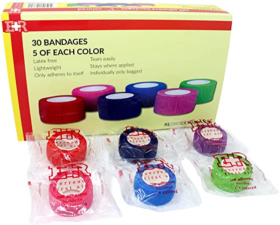 Ever Ready First Aid Self Adherent Cohesive Bandages 1" x 5 Yards, Rainbow Colors