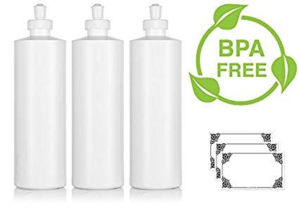 Large White Refillable Plastic Squeeze Bottle with Push Pull Cap Dispenser 16 oz - (3 Pack)   Labels