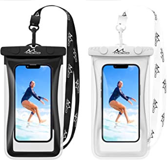 MoKo Floating Waterproof Phone Case Holder 2 Pack, IPX8 Phone Pouch Lanyard Dry Bag Compatible with iPhone 13/13 Pro Max/12/11 Pro/SE 3, Galaxy S21 Ultra/S9/Note 10 /20 Ultra, Black   White