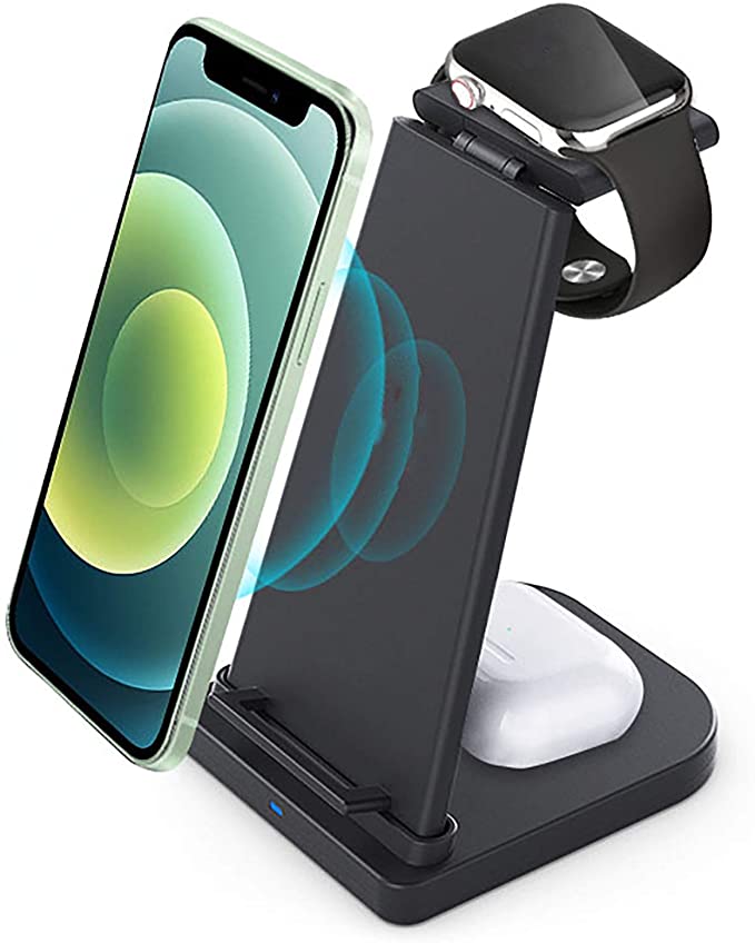 Wireless Charger,3 in 1 Fast Wireless Charging Stand, Fast Wireless Charging Dock,Compatible with Airpods/iwatch/iPhone 12/12 Pro/11 Pro Max/Xs Max/XR/Xs/Galaxy S20 and More(No AC Adapter)… (Black)