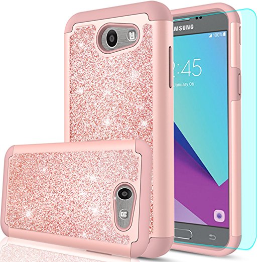 Galaxy J3 Prime/ J3 Emerge/ Express Prime 2/ Amp Prime 2/ J3 Mission/J3 Eclipse/J3 Luna Pro/Sol 2 Glitter Case with HD Screen Protector,LeYi Heavy Duty Protective Case for Samsung J3 2017 TP Rose Gold