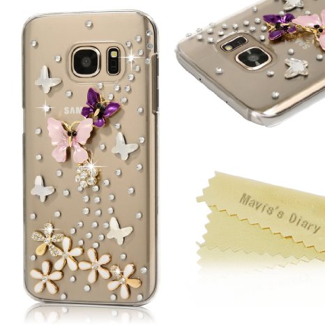 S7 Case,Galaxy S7 Case (Non-Edge) - Mavis's Diary 3D Handmade Bling Crystal Lovely Butterfly Flowers with Shiny Sparkle Rhinestone Diamonds Design Clear Hard PC Cover for Samsung Galaxy S7 (2016)