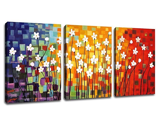 Canvas Art Flowers Abstract Painting Contemporary Wall Art Pictures Prints White Flower Colorful Modern Artwork 12" x 16" x 3 Pieces Framed Ready to Hang for Office Kitchen Wall Decor Home Decorations