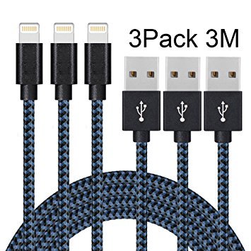 Vanzon Lightning Cable, 3Pack 3m/10ft Extra Long Nylon Braided Apple iPhone Charger Cable Charging Lead Cord USB Wire for iPhone 7/7 Plus/6S Plus/6 Plus/5/5S/5C/SE,iPad Pro/Air/mini,iPod(Black Blue)
