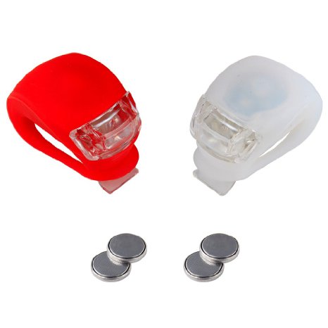 Refun 2pcs of RED and White Silicone LED Water Resistant Front and Rear Bicycle Light 1 Red Rear Light and 1 White Front Light for Cycling Safety Flashlight Powered By CR2032 BatteriesSpare Batteries Included