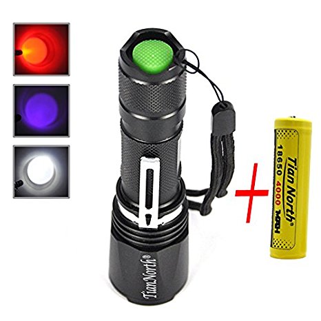 TIanNorth Adjustable 3 in 1 White Red UV Light LED Zoomable Flashlight Hunting Torch Lamp Tactical Flashlight Waterproof 4000MAH battery charger