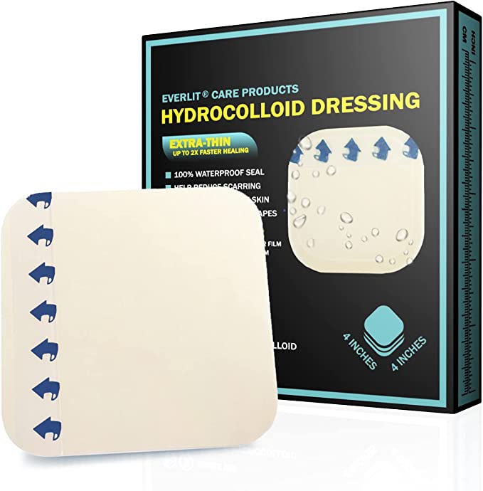 EVERLIT Hydrocolloid Wound Dressing | Waterproof Adhesive Bandage 4" x 4" [Pack of 10] | Sterile, Advanced Healing for Acne Breakout, Bed Sores, Ulcers and Blisters (Ultra-Thin Hydrocolloid Bandage)