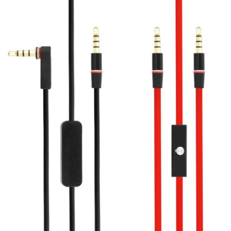 Chromo Inc 2x Pack 3.5mm Auxiliary Cable, 1 Black Angled and 1 Red Flat Audio Music Aux With Mic