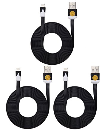 Premium 3Pk 6ft FLAT NOODLE Lightning Charging Cables Cord for Apple iPhone 5, 5c, 5s,iPhone 6,iPhone 6 plus, iPad Air, iPad 4th Gen, iPad Mini ,8 pin to usb cable (Black-black-black)