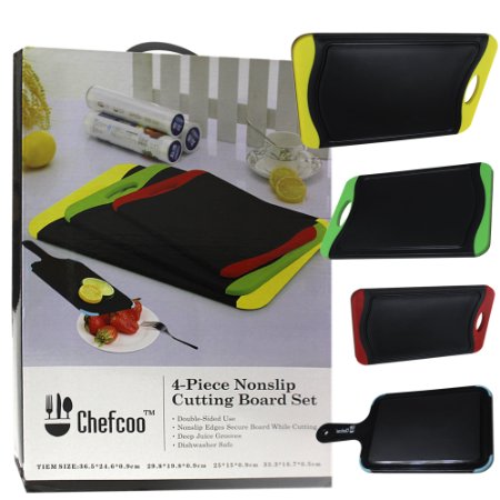 4-Piece Cutting Board Set by Chefcootrade - Stylish Color Plastic Non-Slip Kitchen Chopping Block - Juice Groove Lip for Meat and Vegetable Spills - Perfect Fit for Any Kitchen Knife