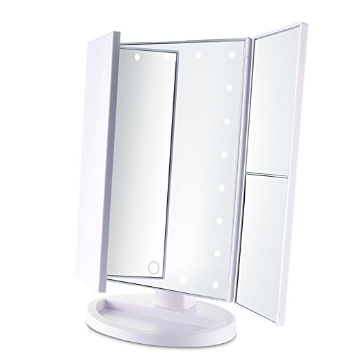Tri-Fold Lighted Vanity Mirror with 21 LED Lights Touch Screen 1X/2X/3X Magnifying Makeup Mirrors, 2 Power Supply Modes