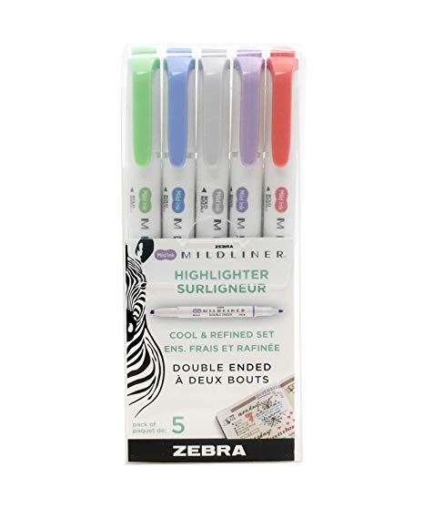 Zebra Pen Mildliner, Double Ended Highlighter, Broad and Fine Tips, Assorted Cool and Refined Colors, 5-Count - 78205