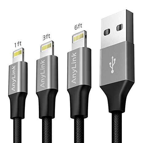 Anylink Lightning Cable, iPhone Cable 3Pack Assorted Lengths (1ft, 3ft, 6ft), Nylon Braided Lightning to USB Cable, Durable and Fast Charging Cord for iPhone 7 Plus 6s Plus 6 SE 5S, iPad and More