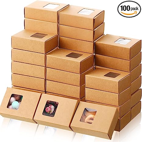 Outus 100 Pcs Soap Boxes with Window Mini Kraft Paper Box Favor Boxes Treat Box Mini Rectangle Brown Gift Boxes Present Packaging Box for Homemade Soap Bakery Candy Wrapping, 3.5 x 2.6 x 1.2 Inch