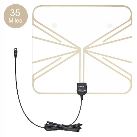 Alemon Ultra Thin Indoor HDTV Antenna with 16.4 Feet Coax Cable - 35 Miles Range - Translucent