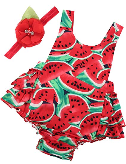 PrinceSasa Baby Girl's Floral Print Ruffles Romper Summer Clothes with Headband
