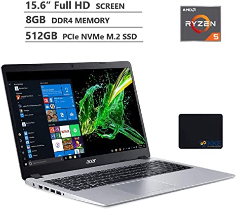 Acer Aspire 5 Laptop, 15.6” Full HD Screen, AMD Ryzen 5-3500U Processor up to 3.7GHz, 8GB RAM, 512GB PCIe SSD, Webcam, Wireless-AC, Bluetooth, HDMI, Win 10 Home, Silver, Wireless Mouse,KKE Mousepad