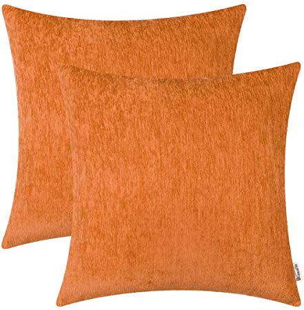 BRAWARM Pack of 2 Comfy Throw Pillow Covers Cases for Couch Sofa Home Decoration Solid Dyed Striped Soft Chenille 22 X 22 Inches Vibrant Orange