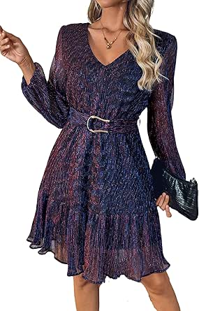 Woman Shiny Threads Dress Long Sleeve Lined with Belt V Neck Mini Pleated Dress