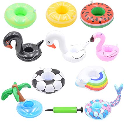 Inflatable Drink Holder with Mini Inflator, Flamingos, Mermaid, Rainbow, Swan, Watermelon, Palm tree, Lemon, Lime, Football Float with Cup Holder Drink Coaster for Pool Party Swimming Pool Water Fun