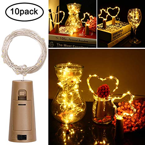 LED Bottle Light 10 Packs, Wine Cork Bottle String Lamp, 2M/20 LEDs Battery Operated Lights, Copper Wire Fairy Lights for Bedroom, Parties, Wedding, Christmas, Halloween, Decoration (Warm White)