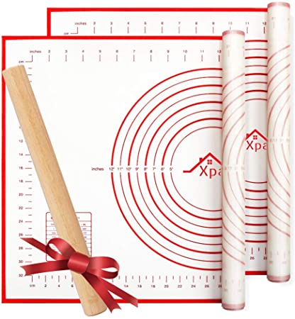 Silicone Pastry Mat 2 Pieces, Xpatee Pastry Mat with Measurement and a Rolling Pin for Counter Mat, Dough Rolling, Baking Mat, Non-Slip Fondant Mat, Pie Crust Mat -Red 16 x 24 Inches