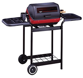 Easy Street Electric Cart Grill with two polymer side tables, wire shelf and rotisserie